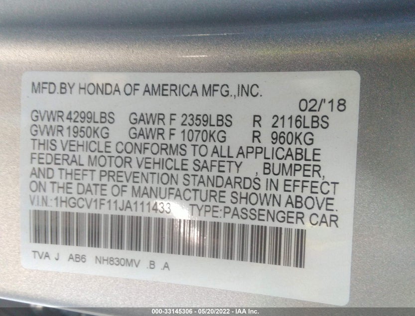 1HGCV1F11JA111433