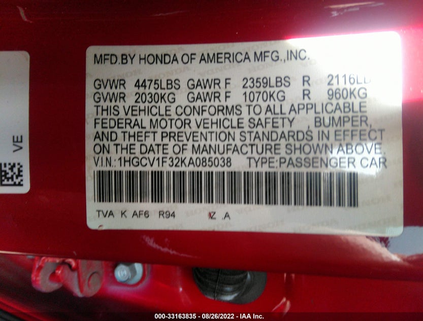 1HGCV1F32KA085038