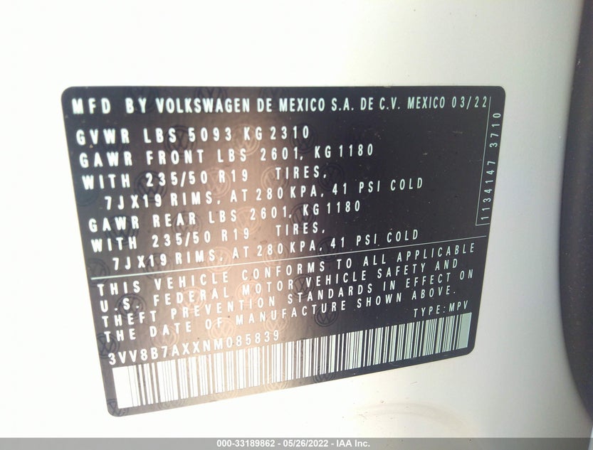 3VV8B7AXXNM085839