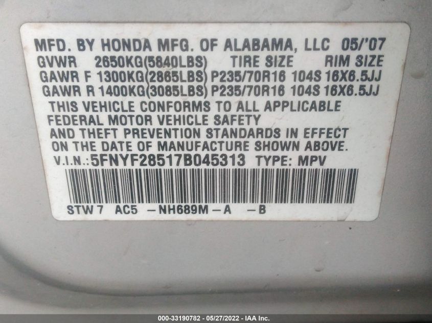 2007 Honda Pilot Ex-L VIN: 5FNYF28517B045313 Lot: 33190782