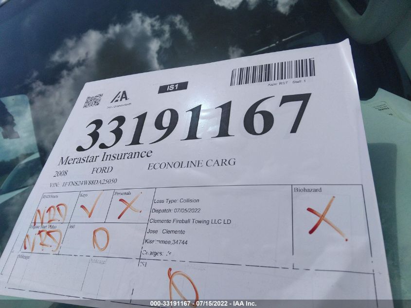 2008 Ford Econoline Cargo Van Commercial/Recreational VIN: 1FTNS24W88DA25050 Lot: 33191167