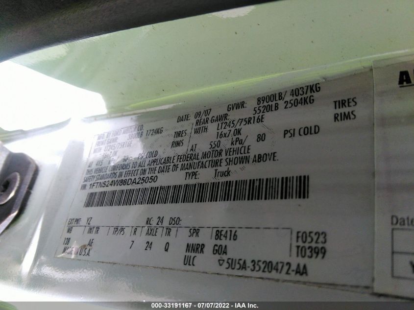 2008 Ford Econoline Cargo Van Commercial/Recreational VIN: 1FTNS24W88DA25050 Lot: 33191167