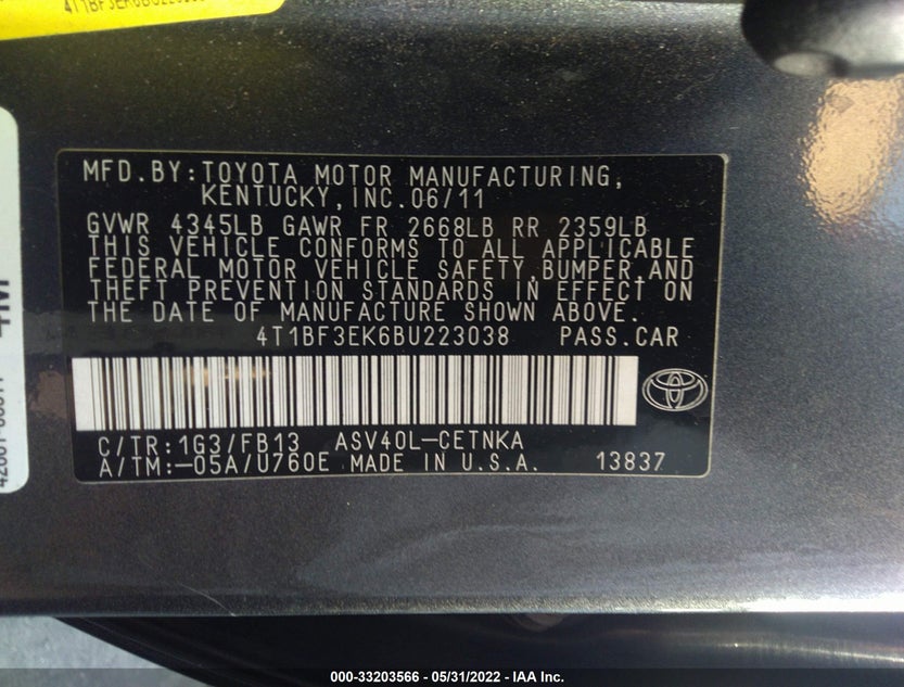 4T1BF3EK6BU223038