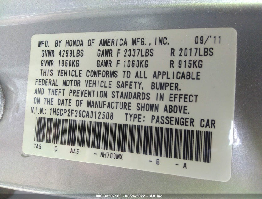 1HGCP2F39CA012508