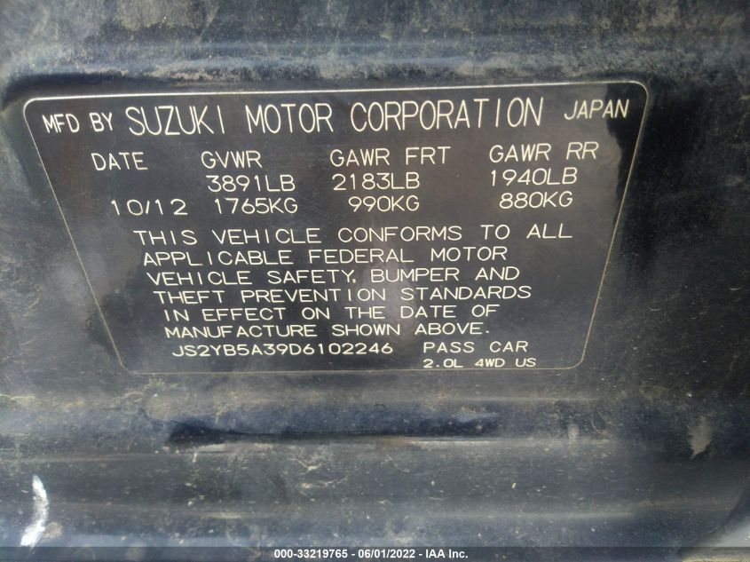 VIN JS2YB5A39D6102246 2013 Suzuki SX4, Crossover Pr... no.9