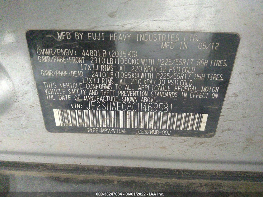 2012 Subaru Forester 2.5X Limited VIN: JF2SHAEC8CH469581 Lot: 33247084