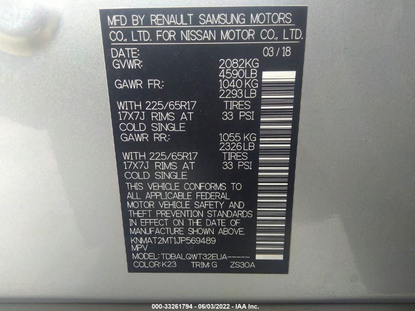 2018 Nissan Rogue Sv VIN: KNMAT2MT1JP569489 Lot: 33261794