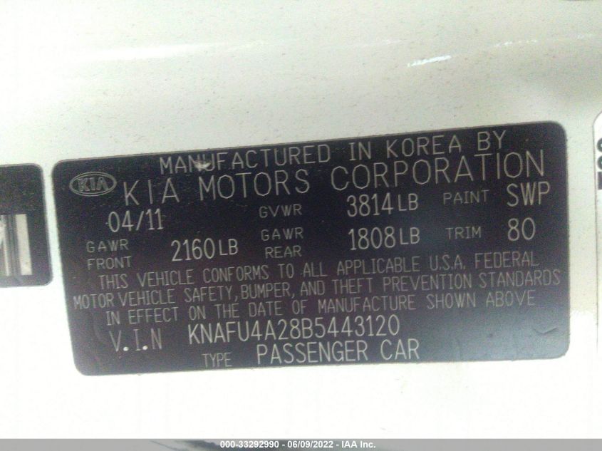 2011 Kia Forte Ex VIN: KNAFU4A28B5443120 Lot: 33292990