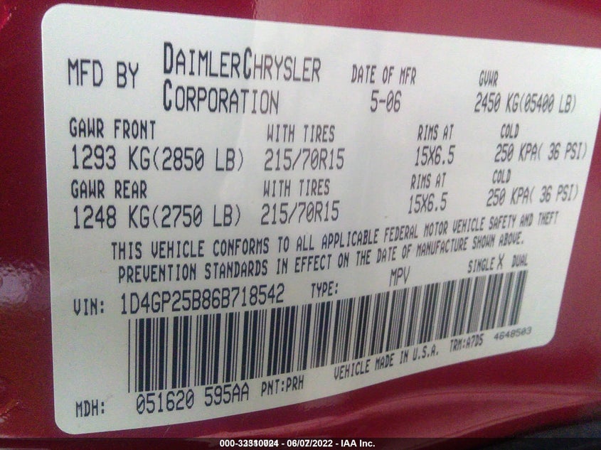 2006 Dodge Caravan Se VIN: 1D4GP25B86B718542 Lot: 33310024