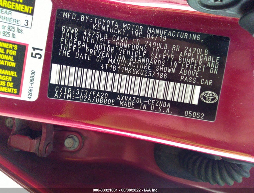 4T1B11HK6KU257186