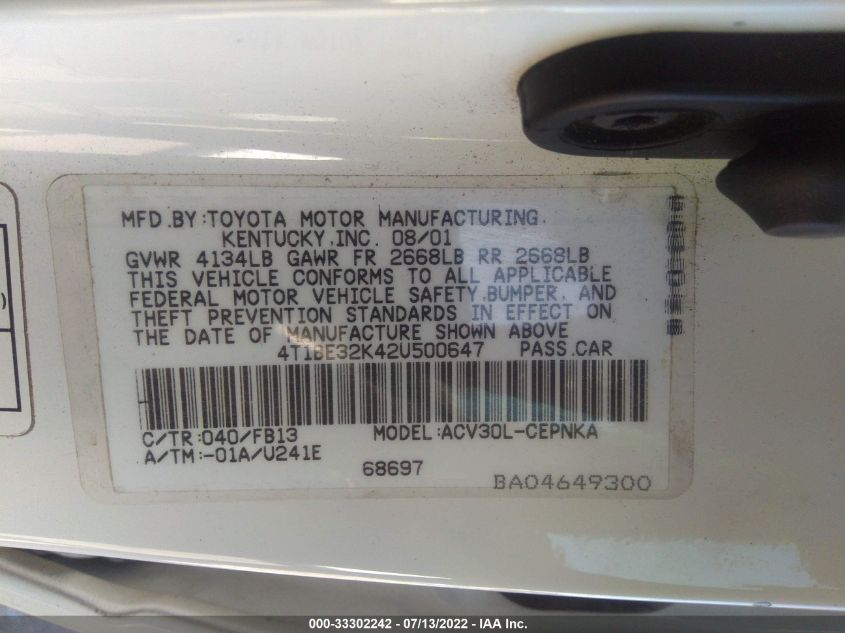 4T1BE32K42U500647 2002 Toyota Camry Le