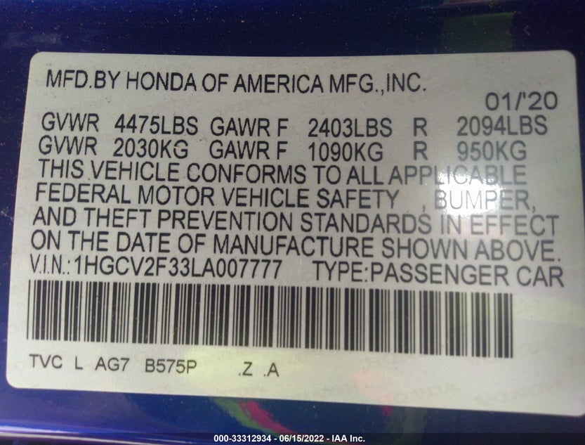 1HGCV2F33LA007777