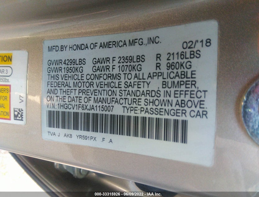 1HGCV1F6XJA115007