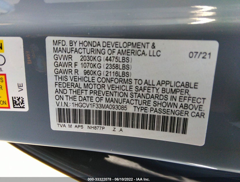 1HGCV1F33MA093085