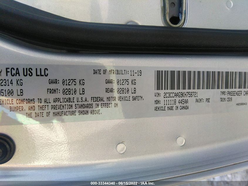 2C3CCAAG9KH758721 2019 Chrysler 300 Touring