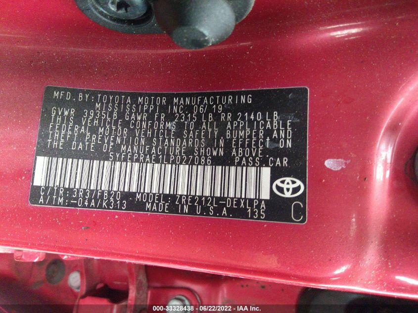 5YFEPRAE1LP027086 2020 Toyota Corolla Le