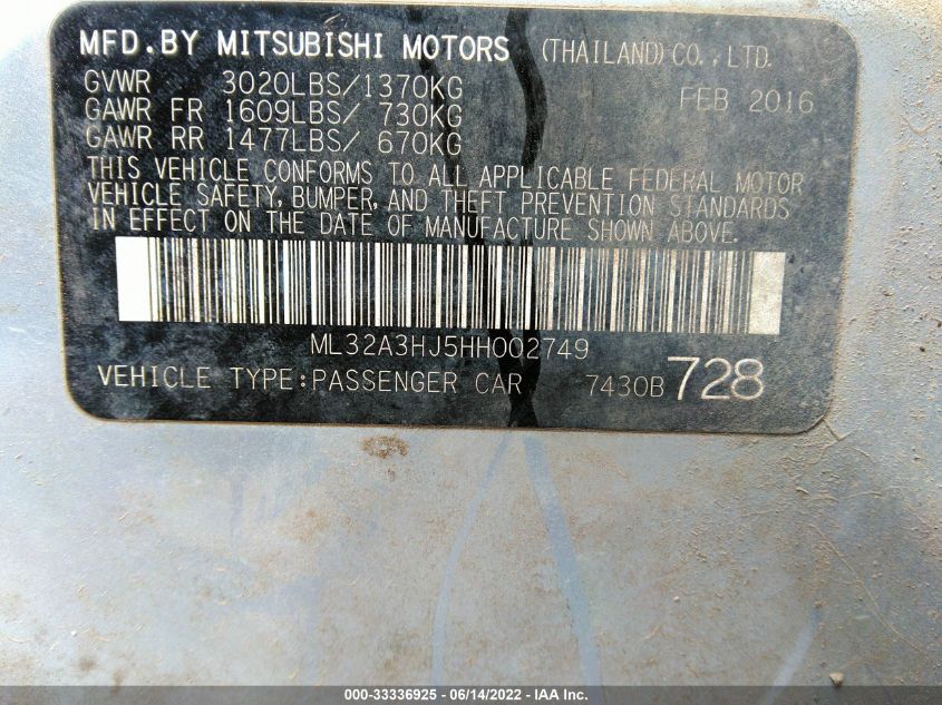 ML32A3HJ5HH002749 2017 Mitsubishi Mirage Es