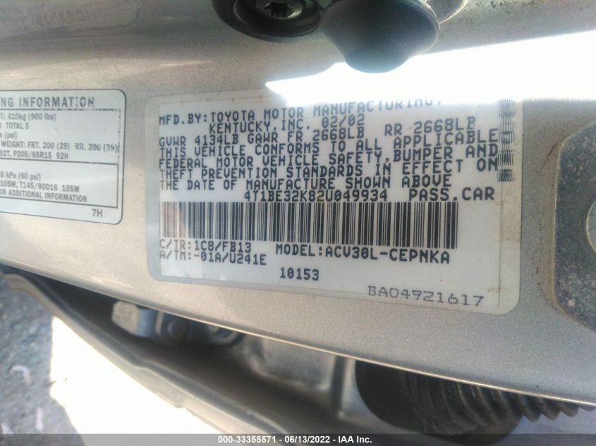 4T1BE32K82U049934 2002 Toyota Camry Le