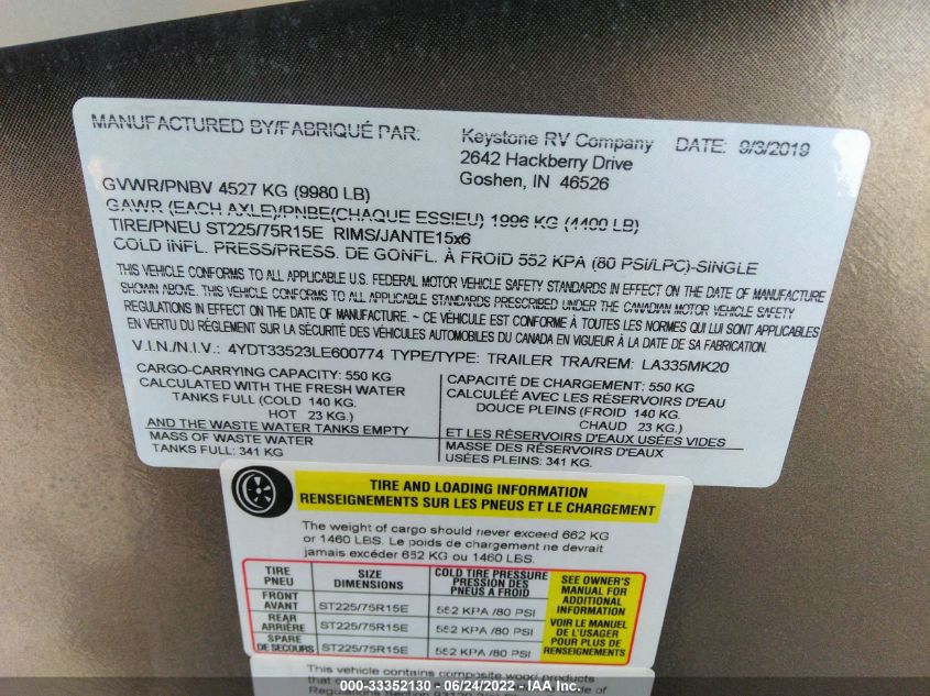 4YDT33523LE600774 2020 Keystone Laredo