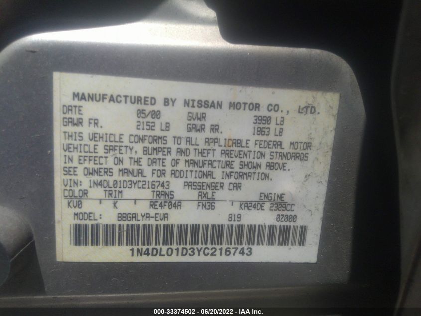 2000 Nissan Altima Gxe/Gle/Xe/Se VIN: 1N4DL01D3YC216743 Lot: 33374502