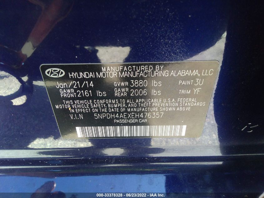 5NPDH4AEXEH476357 2014 Hyundai Elantra Se