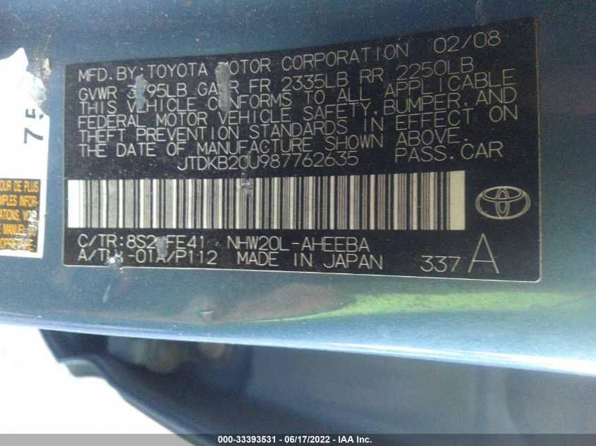 2008 Toyota Prius Base (Cvt-E) VIN: JTDKB20U987762635 Lot: 33393531