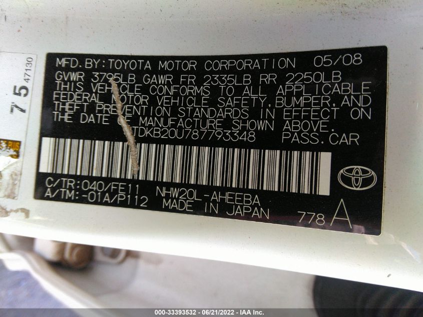 JTDKB20U787793348 2008 Toyota Prius Base (Cvt-E)