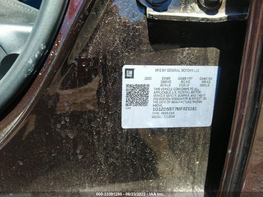 2021 Chevrolet Malibu Fwd Lt VIN: 1G1ZD5ST7MF021181 Lot: 33391280