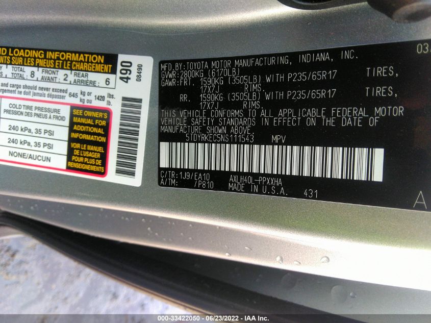 2022 Toyota Sienna Xle VIN: 5TDYRKEC5NS111543 Lot: 33422050