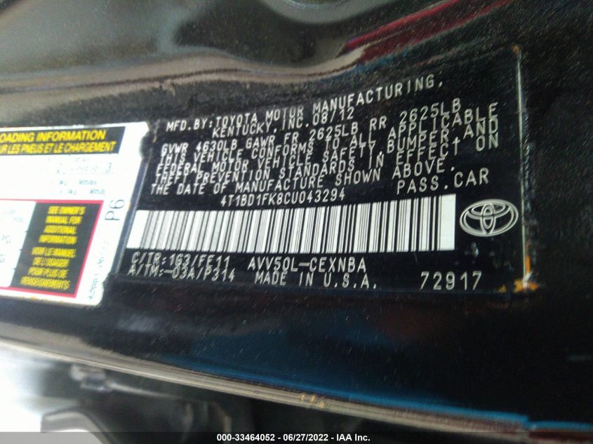 4T1BD1FK8CU043294 2012 Toyota Camry Hybrid Le