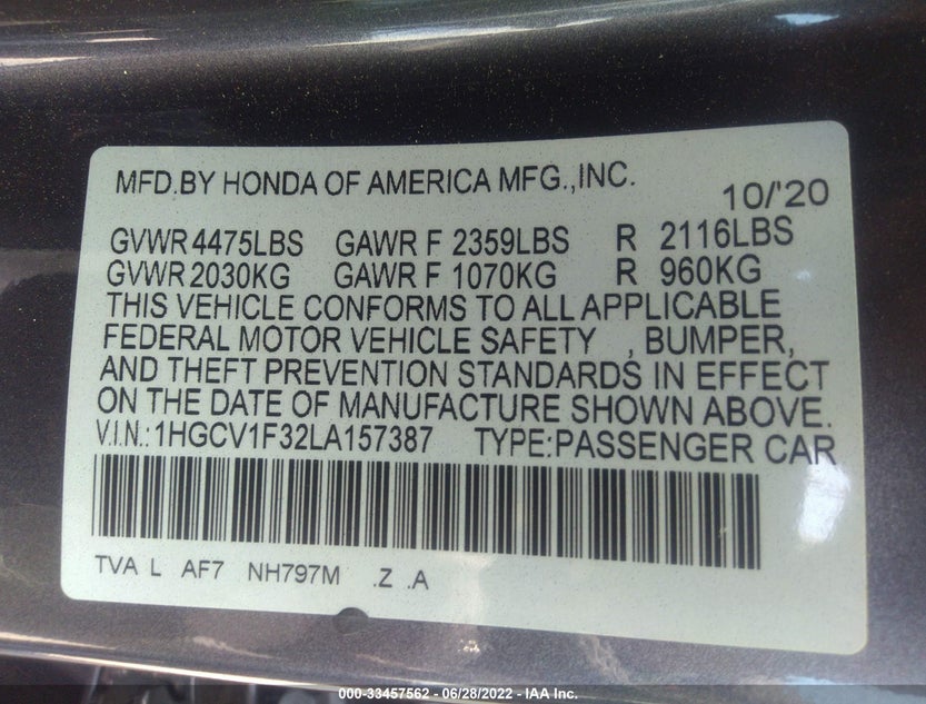 1HGCV1F32LA157387