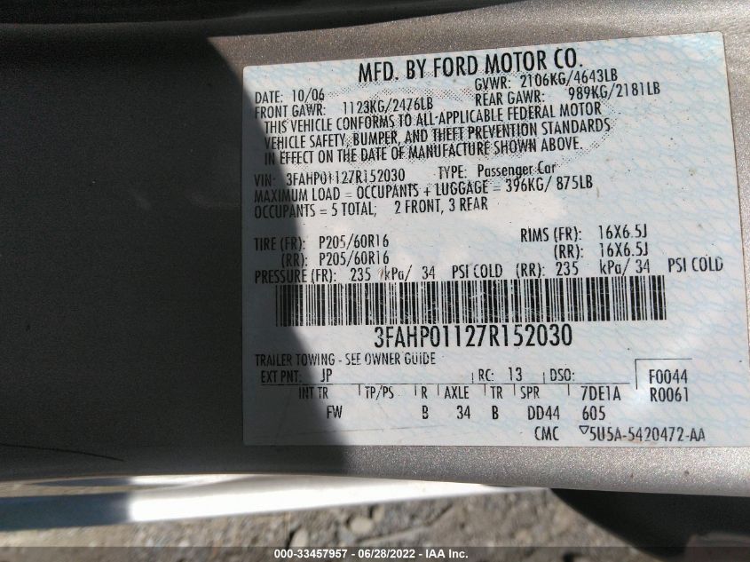 3FAHP01127R152030 2007 Ford Fusion Se