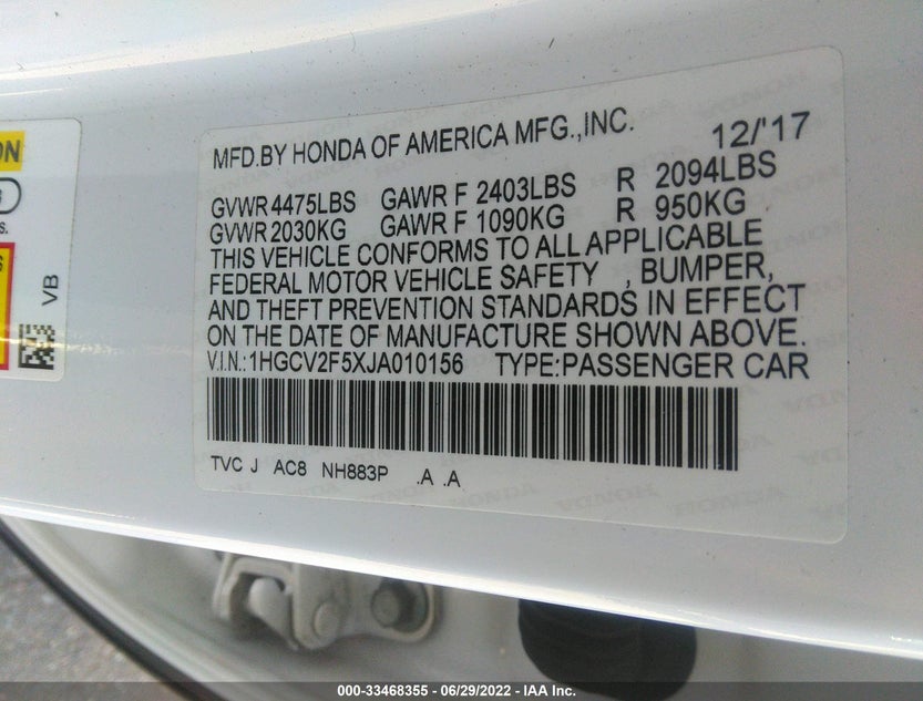1HGCV2F5XJA010156