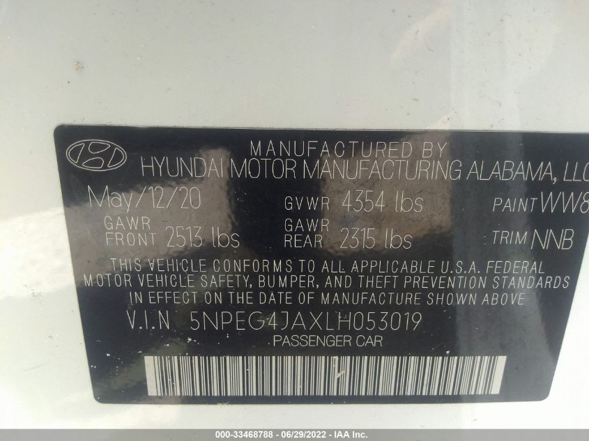 2020 Hyundai Sonata Se VIN: 5NPEG4JAXLH053019 Lot: 33468788