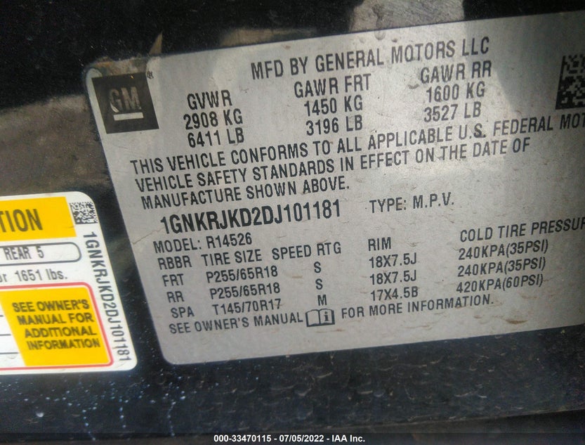 1GNKRJKD2DJ101181