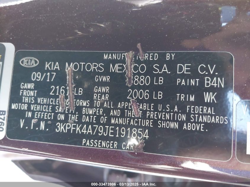 2018 Kia Forte Lx VIN: 3KPFK4A79JE191854 Lot: 33473986