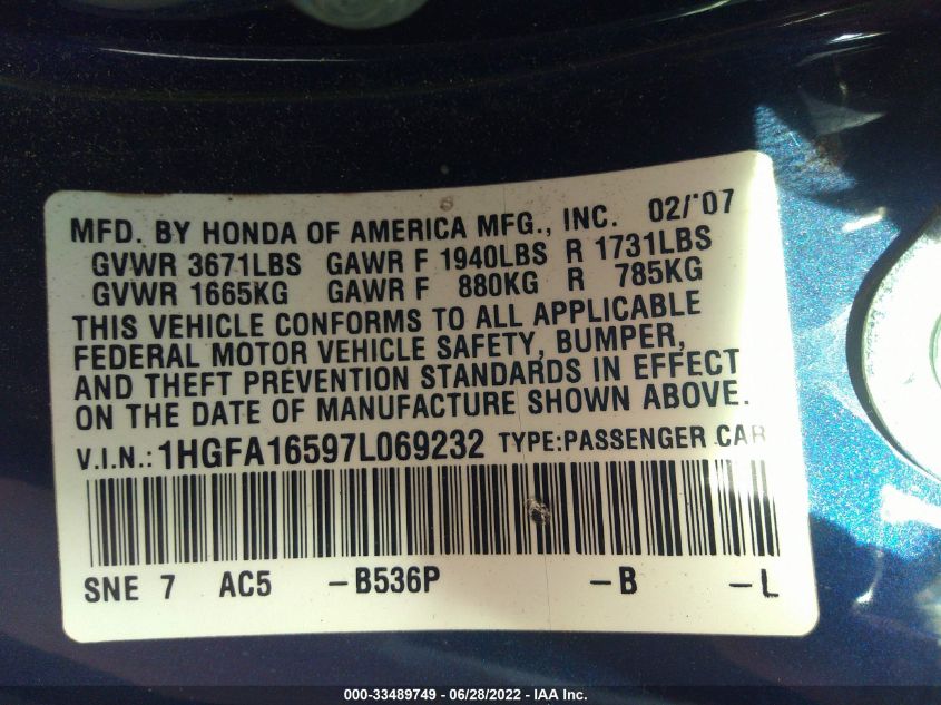 2007 Honda Civic Lx VIN: 1HGFA16597L069232 Lot: 33489749