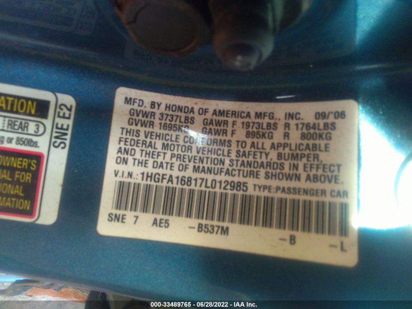 2007 Honda Civic Ex VIN: 1HGFA16817L012985 Lot: 33489765