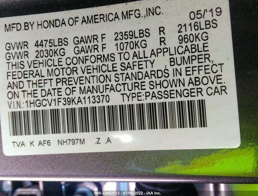1HGCV1F39KA113370