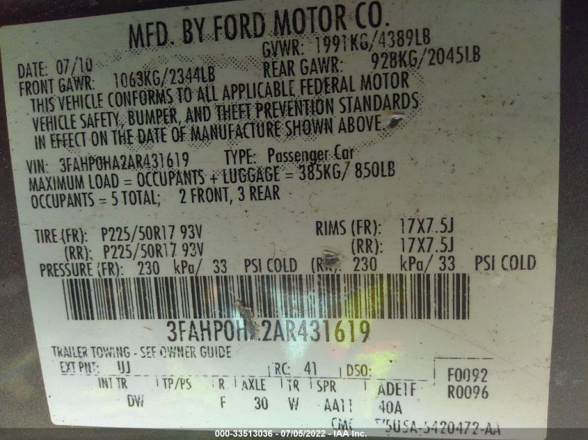 3FAHP0HA2AR431619 2010 Ford Fusion Se