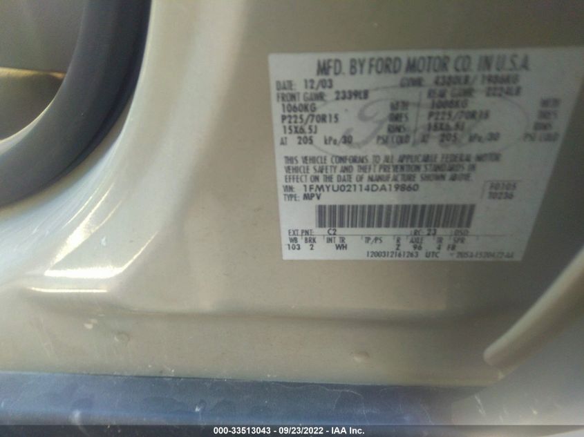 2004 Ford Escape Xls VIN: 1FMYU02114DA19860 Lot: 33513043