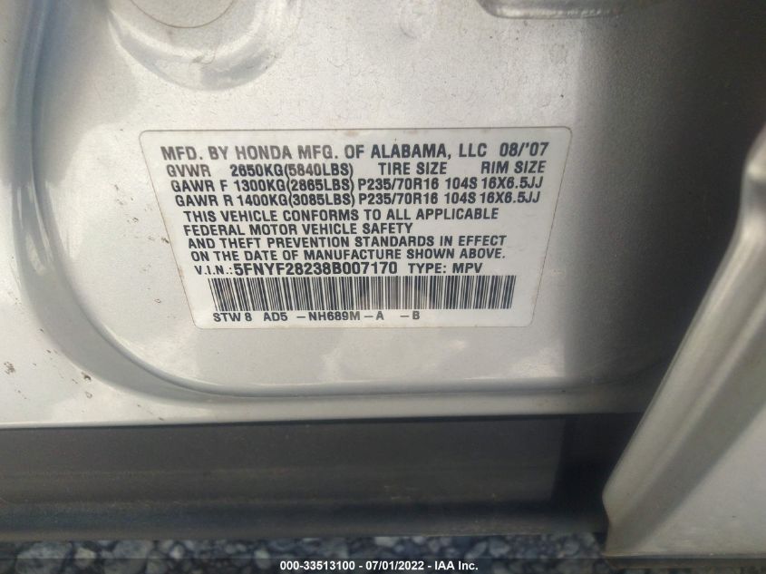 2008 Honda Pilot Vp VIN: 5FNYF28238B007170 Lot: 33513100