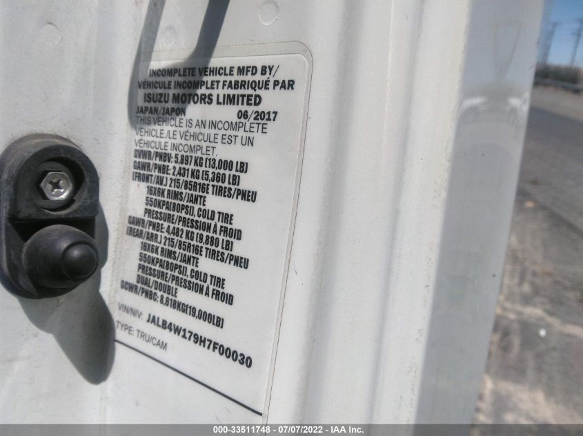 2017 Isuzu Npr VIN: JALB4W179H7F00030 Lot: 33511748