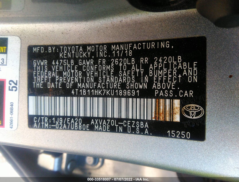 4T1B11HK7KU189691