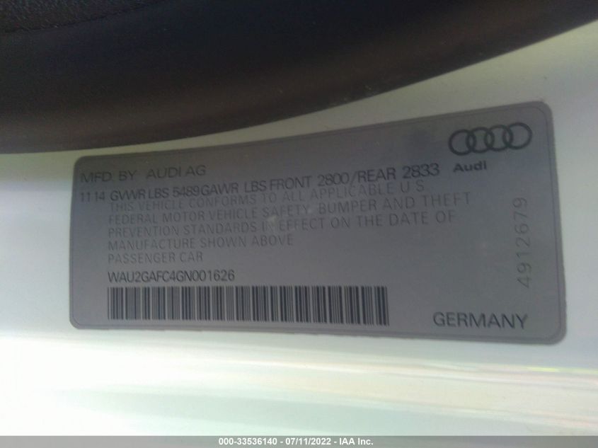 WAU2GAFC4GN001626 2016 Audi A7 3.0T Premium Plus