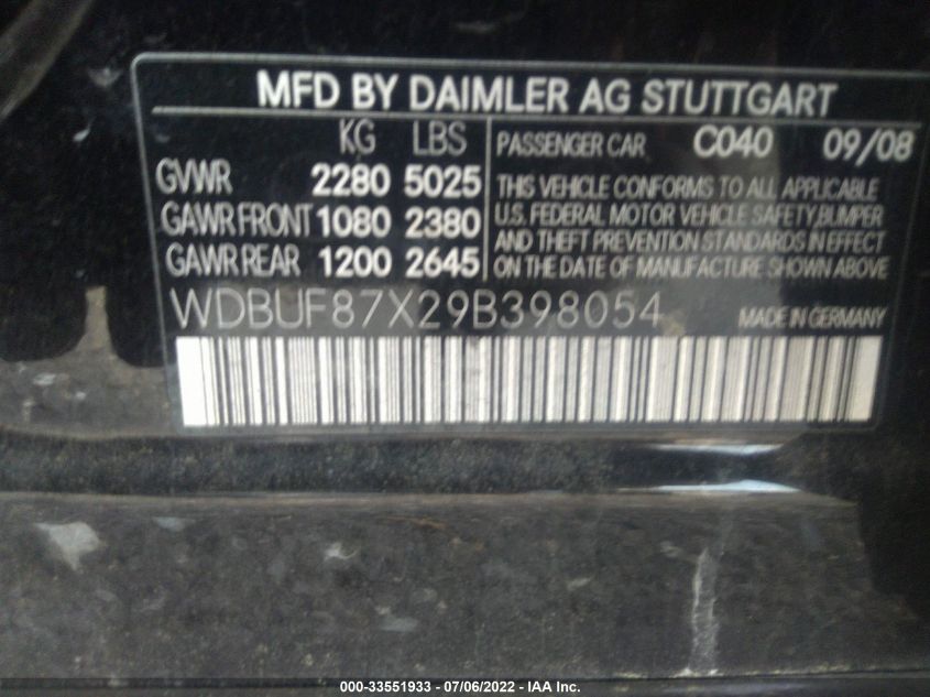 2009 Mercedes-Benz E 350 4Matic VIN: WDBUF87X29B398054 Lot: 33551933