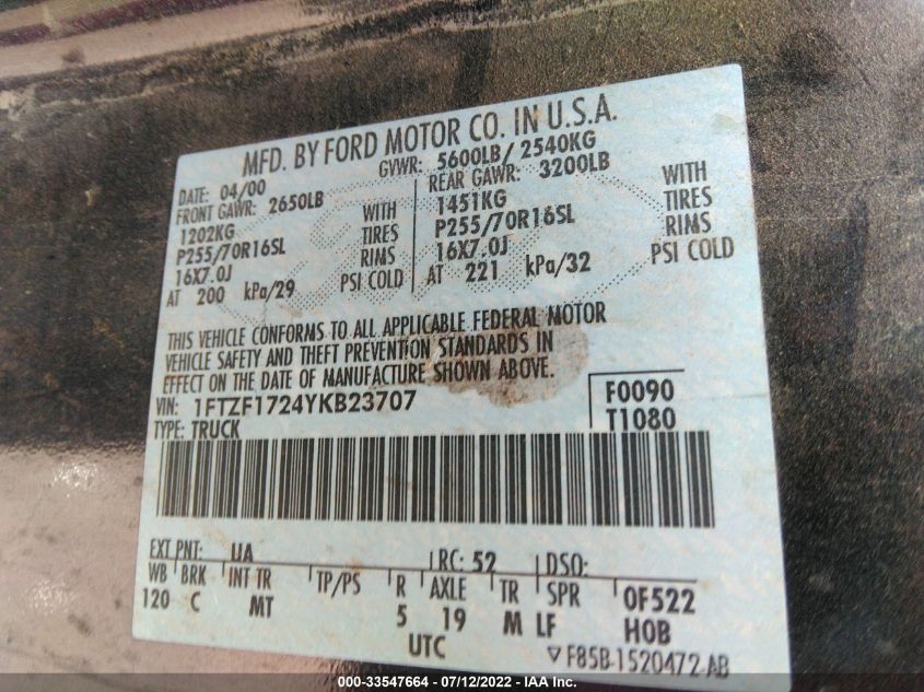 2000 Ford F-150 Work Series/Xlt/Xl VIN: 1FTZF1724YKB23707 Lot: 33547664