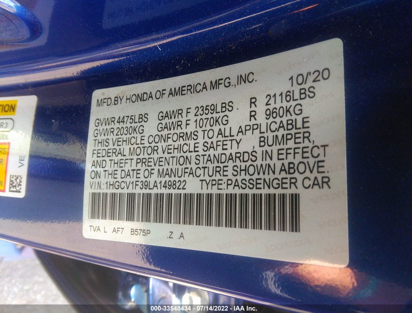 1HGCV1F39LA149822