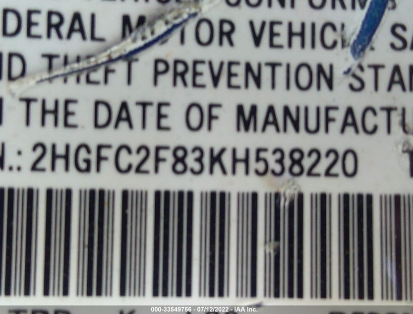 2HGFC2F83KH538220