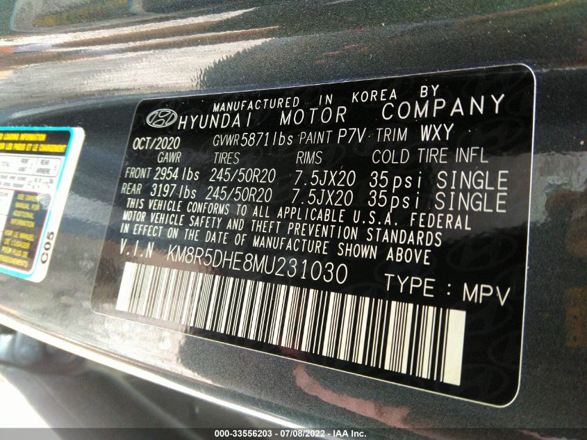 KM8R5DHE8MU231030 2021 Hyundai Palisade Limited